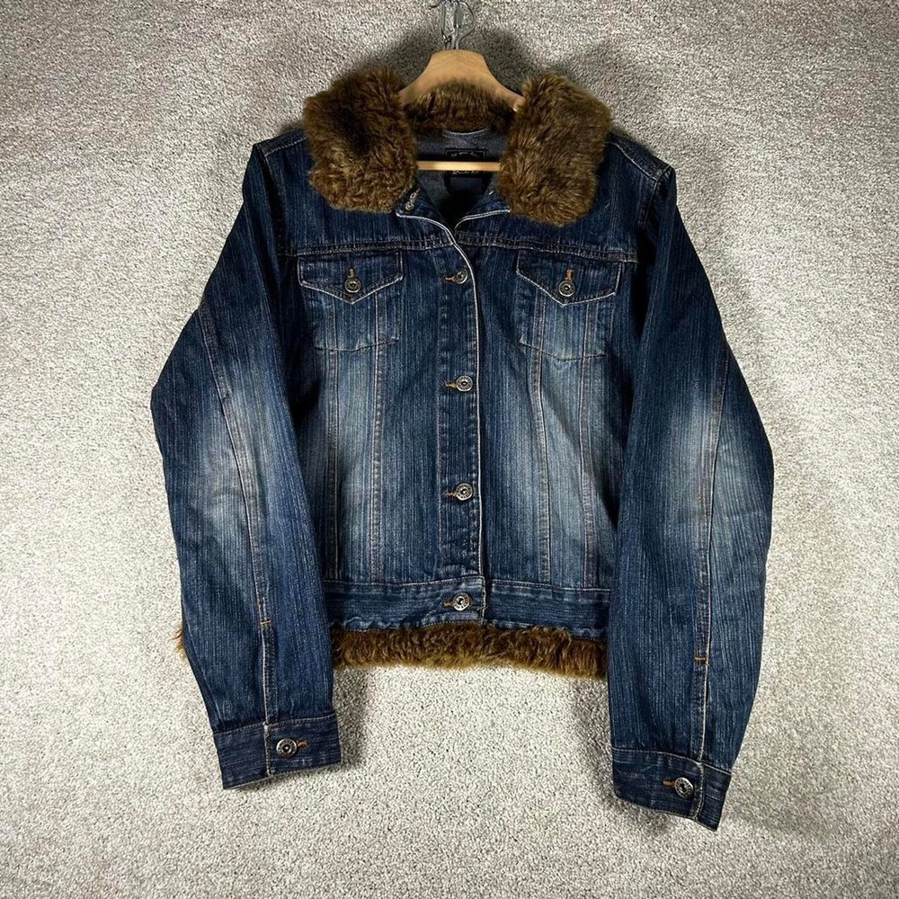 Y2K women's dark blue denim faux fur collar button up grunge jacket Size M